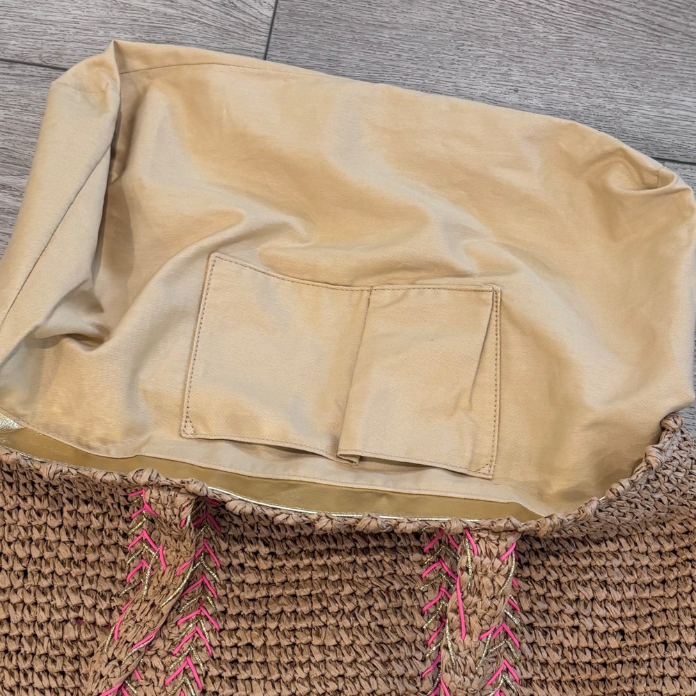 Lilly Pulitzer Natural Nosara Straw Tote Bag Womens Large Pink Tassel Beach Bag - Picture 7 of 9